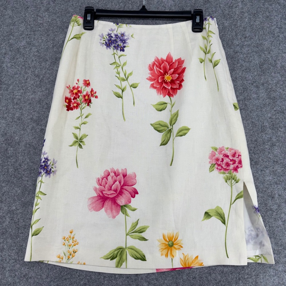 Talbots Floral Linen Pencil Skirt Size 10 White Botanical Print Side Slit Lined